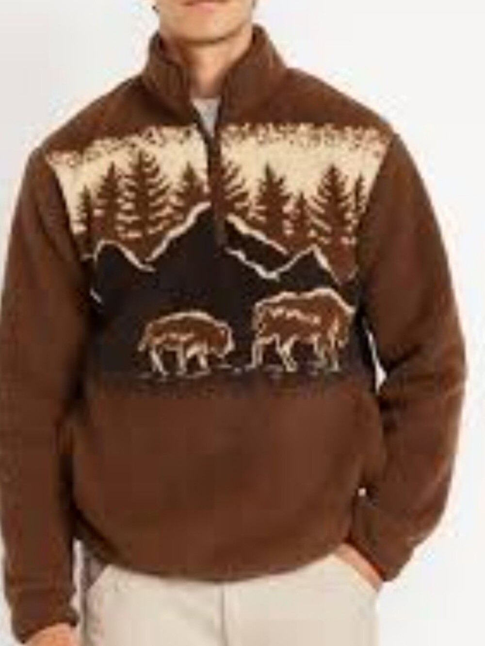 Sherpa Pullover With Bisons and Landscaping Print